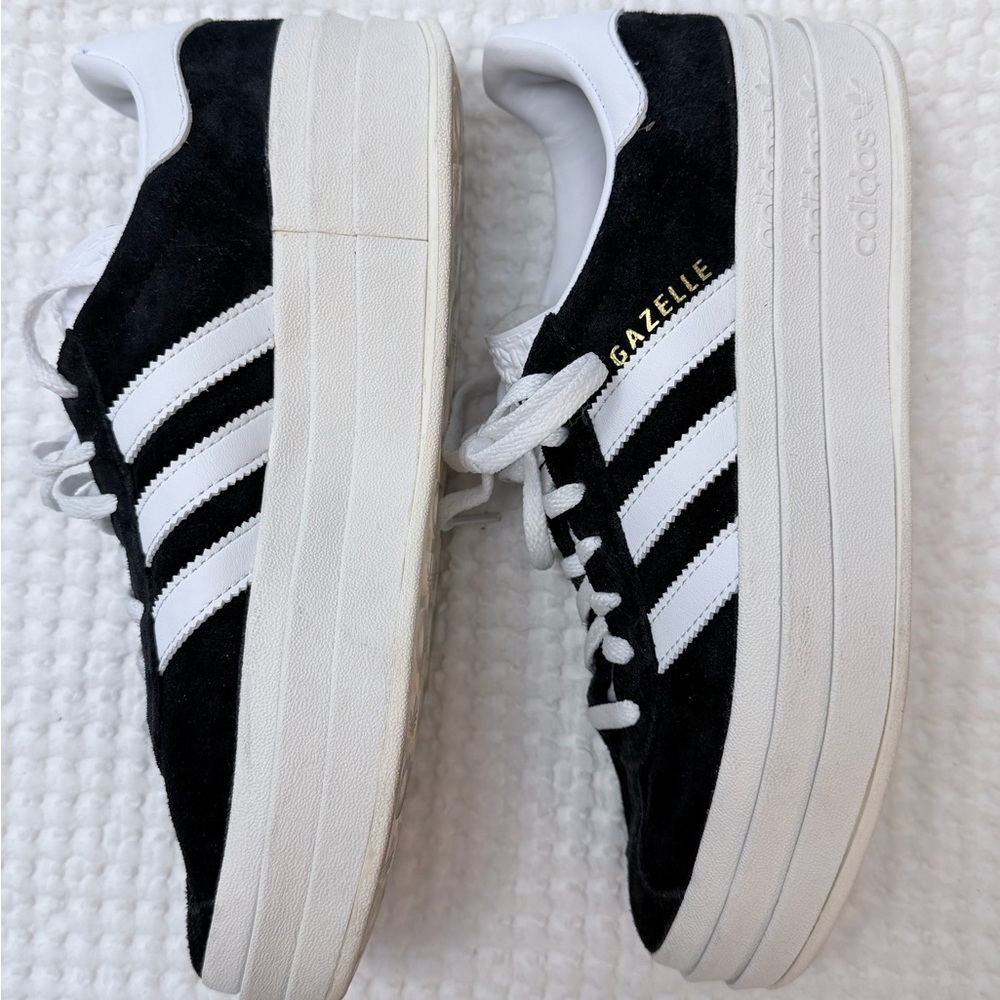 Adidas Gazelle Bold Black Suede and Cloud White Women’s Platform Sneakers - Picture 4 of 9